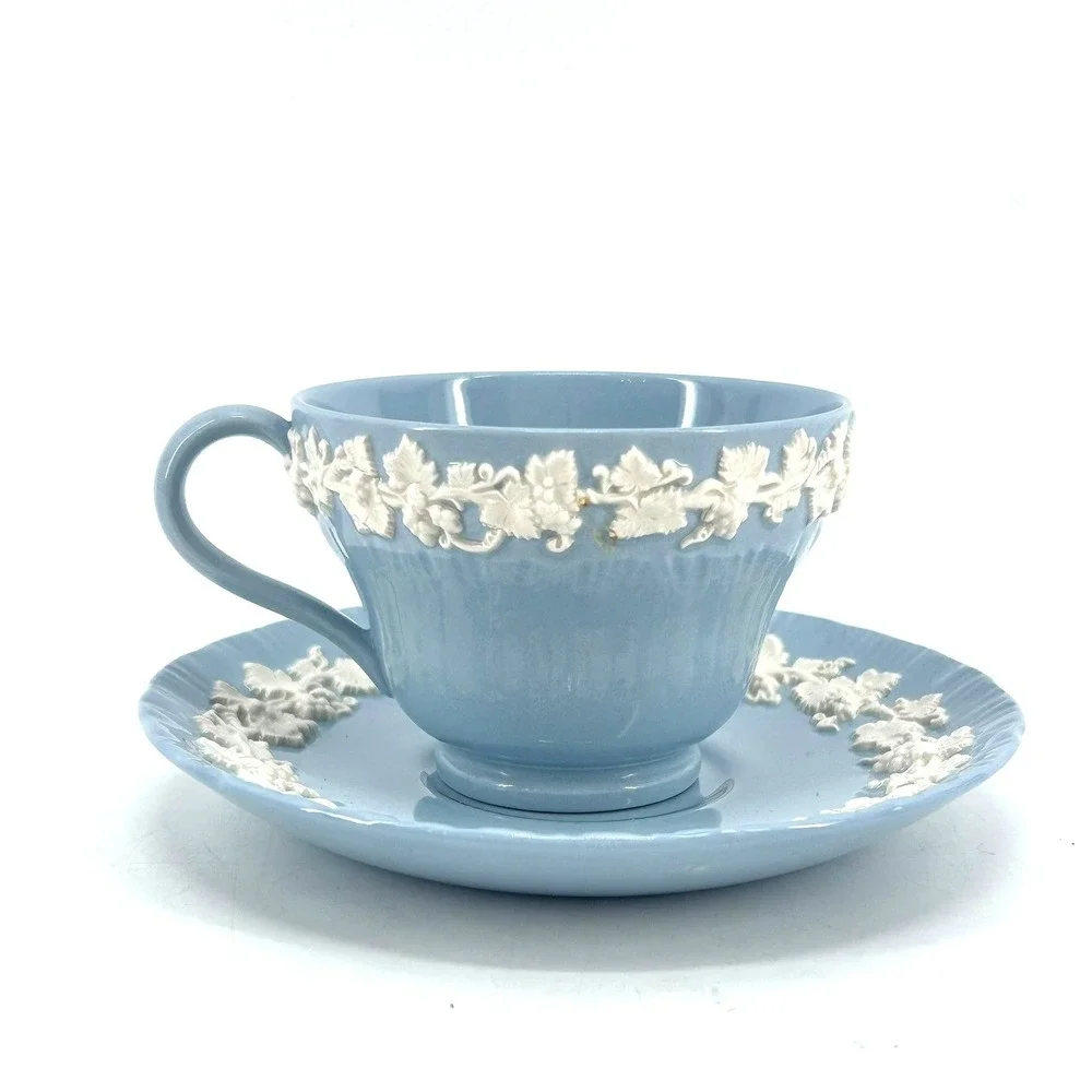 Wedgwood Queensware Cream on Lavender Blue Embossed Grapevine Tea Cup & Saucer